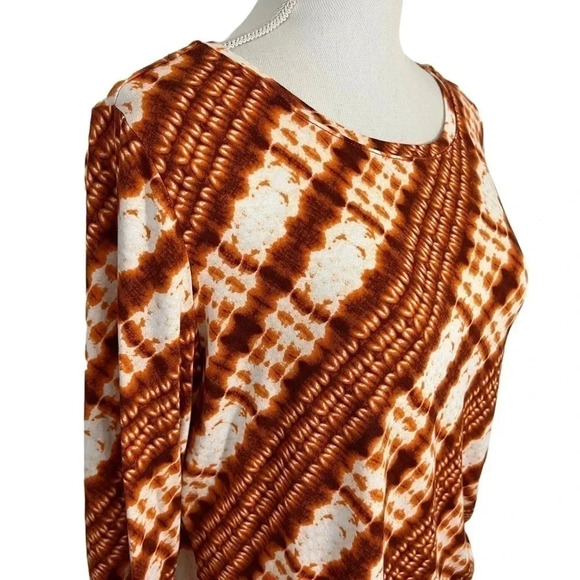 Ruby Rd Tie Dye Blouse Medium Orange Red White Striped Ruched Side 3/4 Sleeves - Picture 8 of 9